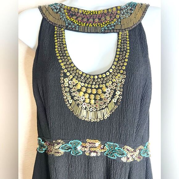 Nanette Lepore Black and Gold sequin and beaded halter bodycon Maxi Dress Sz 12 - Picture 2 of 7